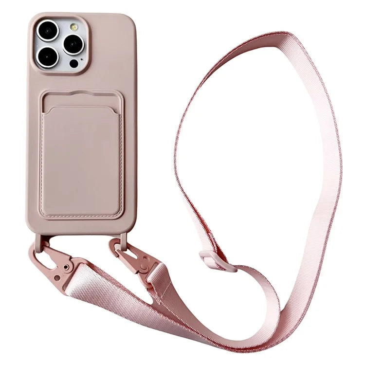 For iPhone 14 Pro Cell Phone Case Liquid Silicone Card Holder Shell with Adjustable Neck Strap