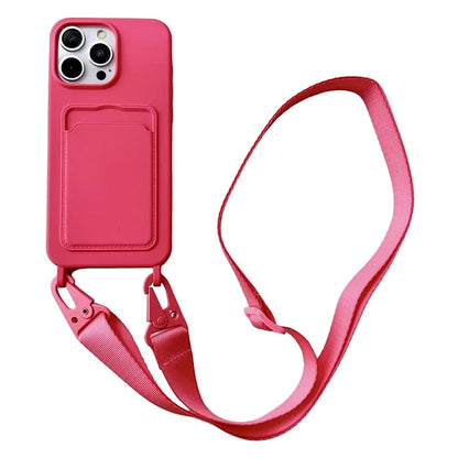 For iPhone 14 Pro Cell Phone Case Liquid Silicone Card Holder Shell with Adjustable Neck Strap