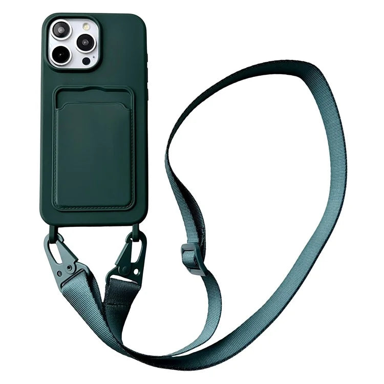 For iPhone 14 Pro Cell Phone Case Liquid Silicone Card Holder Shell with Adjustable Neck Strapish Green