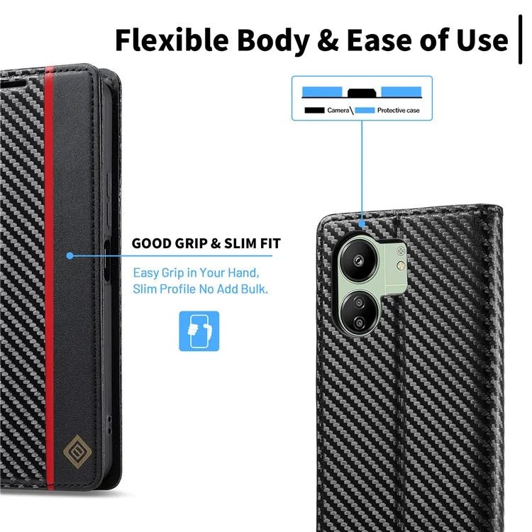 LC.IMEEKE For Xiaomi Redmi 13C 4G / Poco C65 4G Wallet Case PU Leather Carbon Fiber Texture Phone Cover