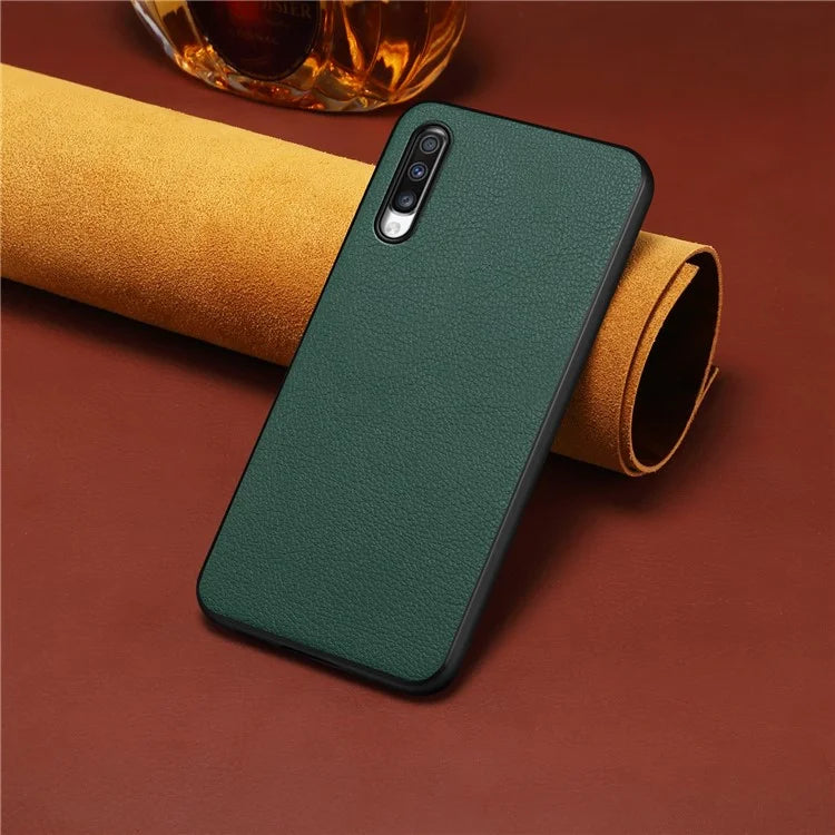 For Samsung Galaxy A70 Case PU Leather Drop Protection Phone Cover with Calf Texture