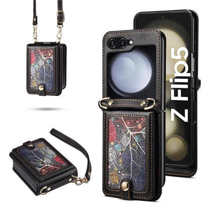 For Samsung Galaxy Z Flip5 5G Case PU Leather+PC Interstellar Pattern Phone Cover with Straps