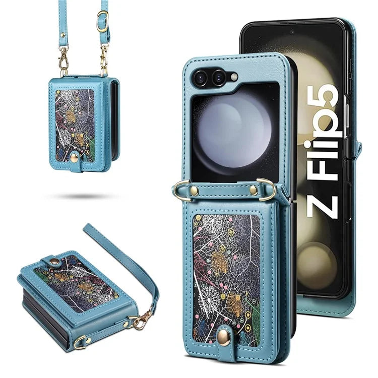 For Samsung Galaxy Z Flip5 5G Case PU Leather+PC Interstellar Pattern Phone Cover with Straps
