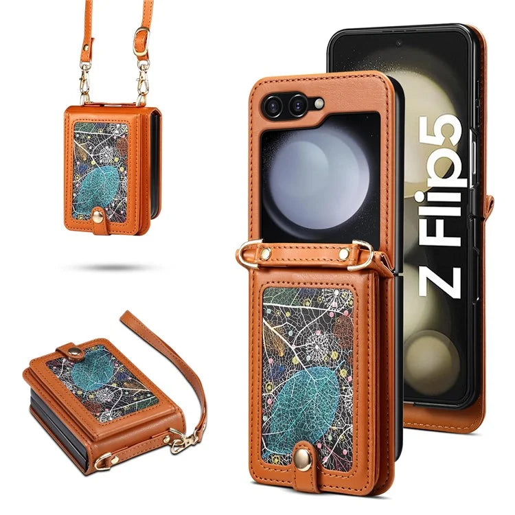 For Samsung Galaxy Z Flip5 5G Case PU Leather+PC Interstellar Pattern Phone Cover with Straps