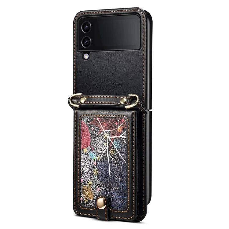 For Samsung Galaxy Z Flip4 5G Cell Phone Case PU Leather+PC Interstellar Pattern Shell with Shoulder Strap