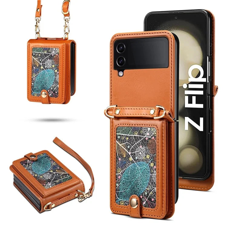 For Samsung Galaxy Z Flip4 5G Cell Phone Case PU Leather+PC Interstellar Pattern Shell with Shoulder Strap