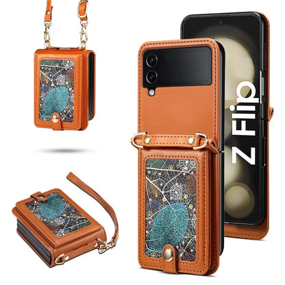 For Samsung Galaxy Z Flip4 5G Cell Phone Case PU Leather+PC Interstellar Pattern Shell with Shoulder Strap