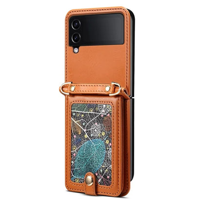 For Samsung Galaxy Z Flip4 5G Cell Phone Case PU Leather+PC Interstellar Pattern Shell with Shoulder Strap