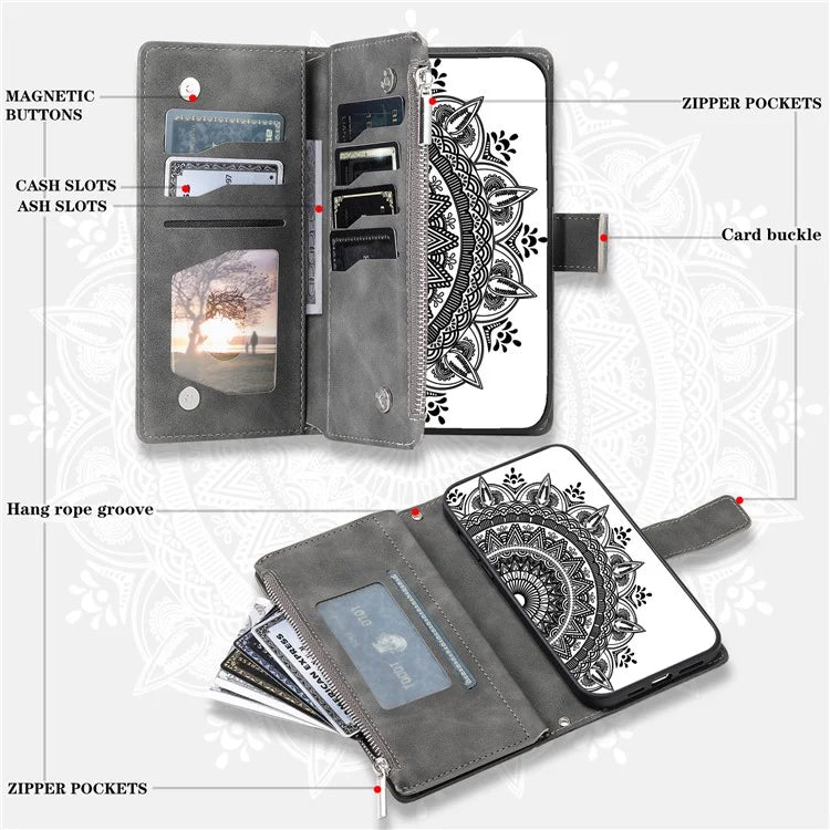 For Xiaomi Redmi Note 13 Pro 4G / Poco M6 Pro 4G Case Zipper Leather Mandala Flower Wallet Phone Cover