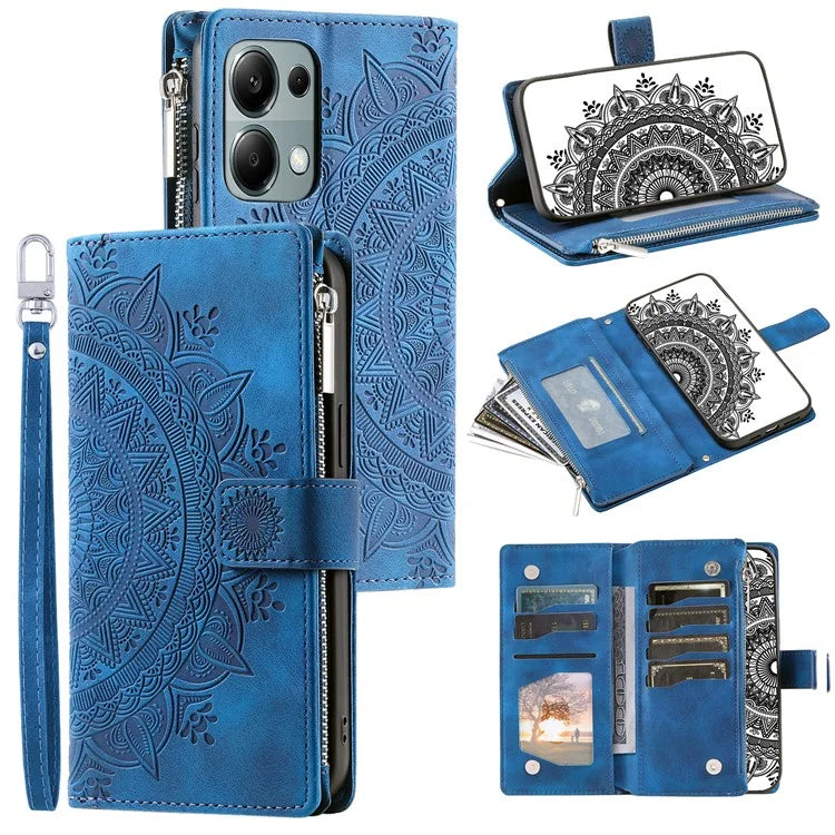 For Xiaomi Redmi Note 13 Pro 5G / Poco X6 5G Case Mandala Zipper Pocket Flip Leather Phone Cover with Strap