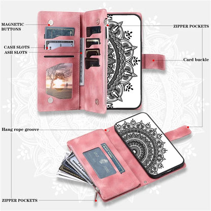 For Xiaomi Redmi Note 13 Pro 5G / Poco X6 5G Case Mandala Zipper Pocket Flip Leather Phone Cover with Strap