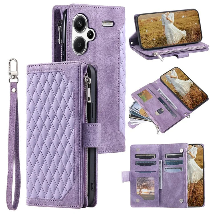 For Xiaomi Redmi Note 13 Pro+ 5G Case Zipper Pocket Flip Leather Phone Cover with Wrist Strap
