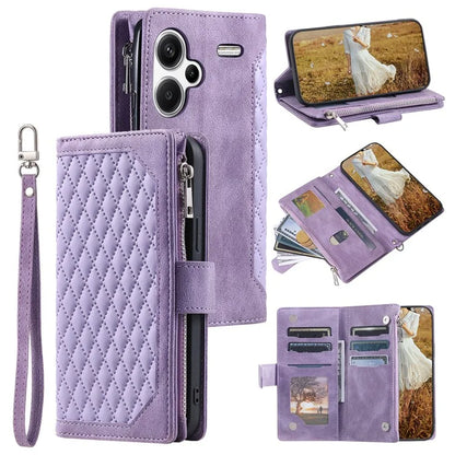 For Xiaomi Redmi Note 13 Pro+ 5G Case Zipper Pocket Flip Leather Phone Cover with Wrist Strap