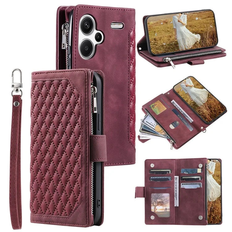 For Xiaomi Redmi Note 13 Pro+ 5G Case Zipper Pocket Flip Leather Phone Cover with Wrist Strap