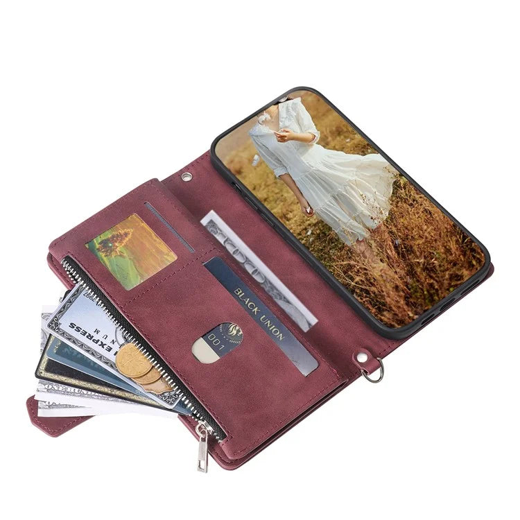 For Xiaomi Redmi Note 13 Pro+ 5G Case Zipper Pocket Flip Leather Phone Cover with Wrist Strap