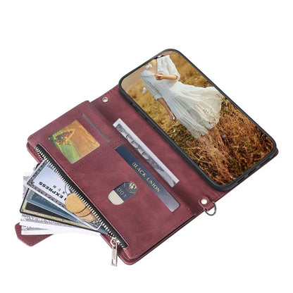 For Xiaomi Redmi Note 13 Pro+ 5G Case Zipper Pocket Flip Leather Phone Cover with Wrist Strap