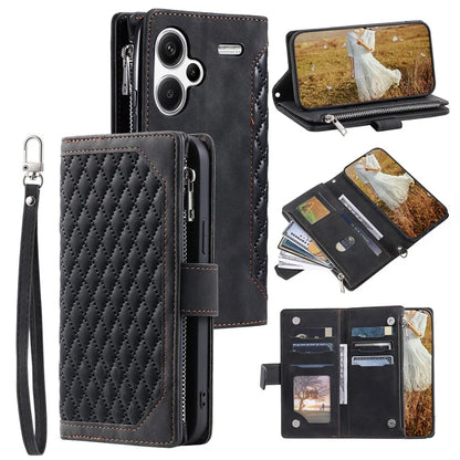 For Xiaomi Redmi Note 13 Pro+ 5G Case Zipper Pocket Flip Leather Phone Cover with Wrist Strap