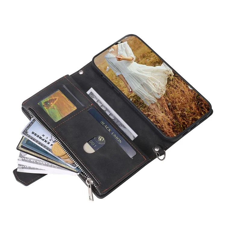 For Xiaomi Redmi Note 13 Pro+ 5G Case Zipper Pocket Flip Leather Phone Cover with Wrist Strap