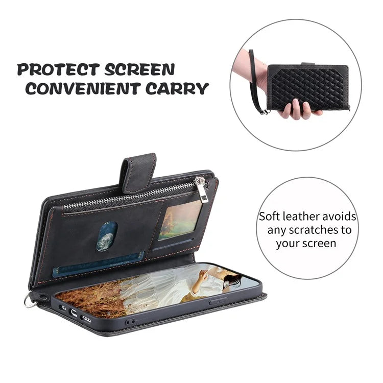 For Xiaomi Redmi Note 13 Pro+ 5G Case Zipper Pocket Flip Leather Phone Cover with Wrist Strap