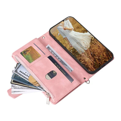 For Xiaomi Redmi Note 13 Pro+ 5G Case Zipper Pocket Flip Leather Phone Cover with Wrist Strap
