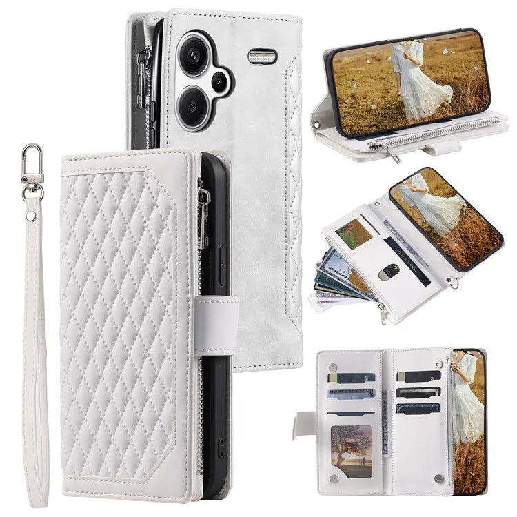 For Xiaomi Redmi Note 13 Pro+ 5G Case Zipper Pocket Flip Leather Phone Cover with Wrist Strap