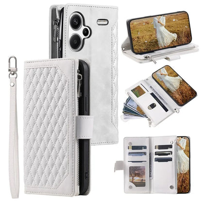 For Xiaomi Redmi Note 13 Pro+ 5G Case Zipper Pocket Flip Leather Phone Cover with Wrist Strap
