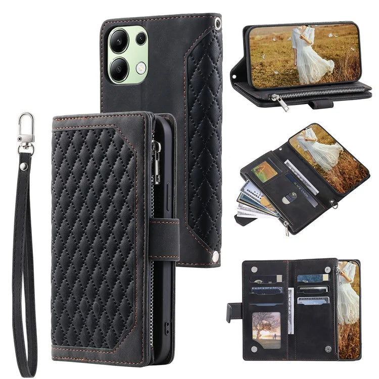 For Xiaomi Redmi Note 13 4G Wallet Case Leather Rhombus Texture Zipper Phone Cover with Wrist Strap