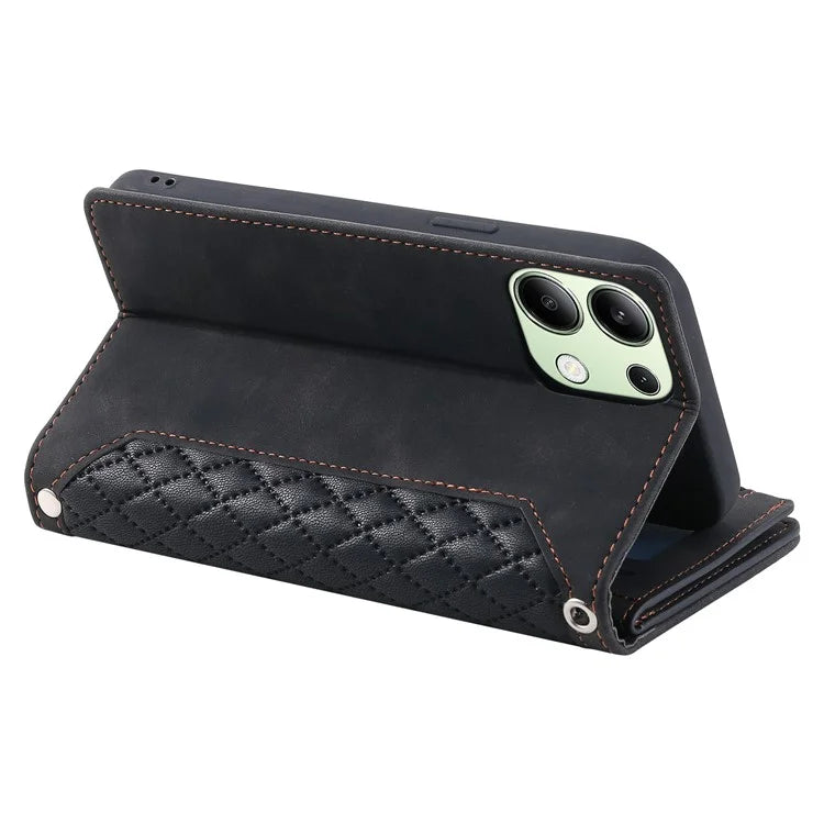 For Xiaomi Redmi Note 13 4G Wallet Case Leather Rhombus Texture Zipper Phone Cover with Wrist Strap