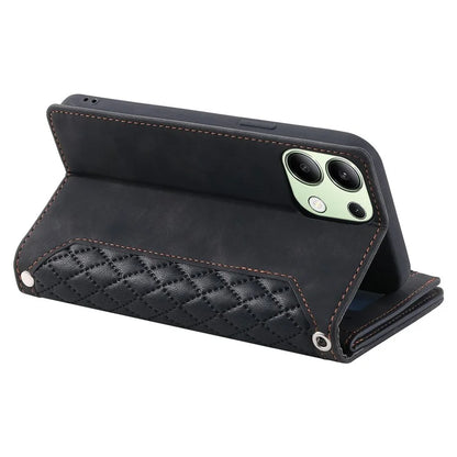 For Xiaomi Redmi Note 13 4G Wallet Case Leather Rhombus Texture Zipper Phone Cover with Wrist Strap