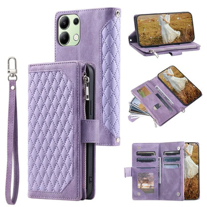 For Xiaomi Redmi Note 13 4G Wallet Case Leather Rhombus Texture Zipper Phone Cover with Wrist Strap