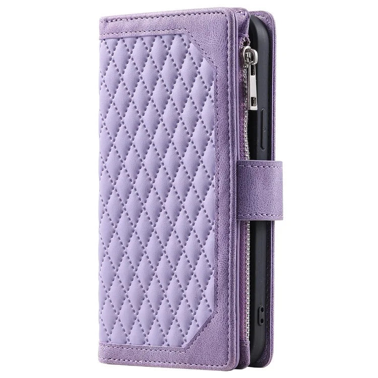 For Xiaomi Redmi Note 13 4G Wallet Case Leather Rhombus Texture Zipper Phone Cover with Wrist Strap