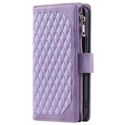 For Xiaomi Redmi Note 13 4G Wallet Case Leather Rhombus Texture Zipper Phone Cover with Wrist Strap