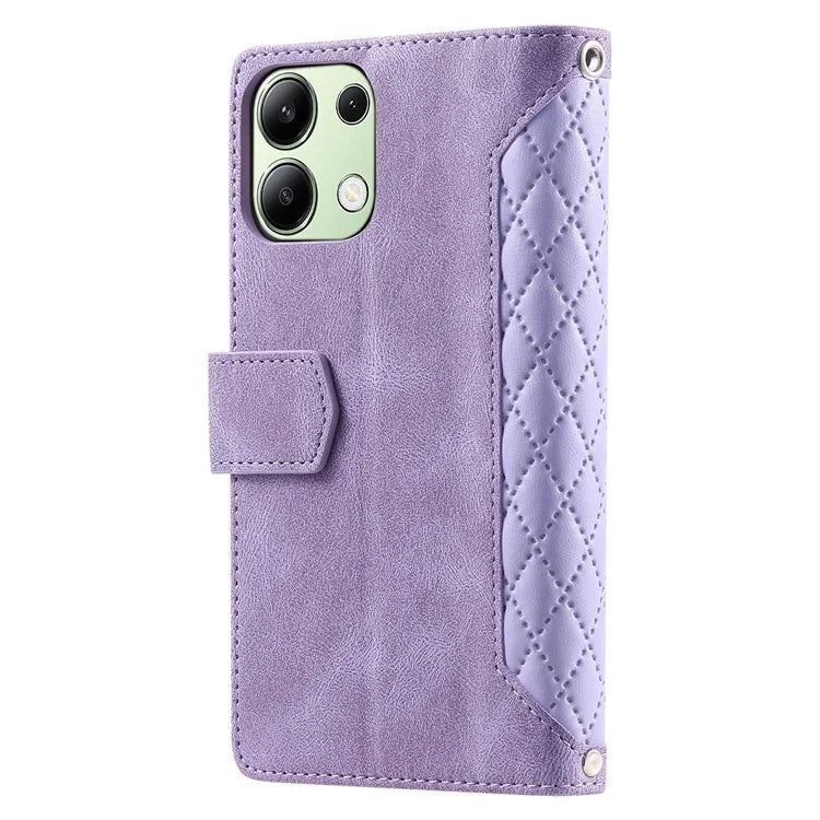 For Xiaomi Redmi Note 13 4G Wallet Case Leather Rhombus Texture Zipper Phone Cover with Wrist Strap