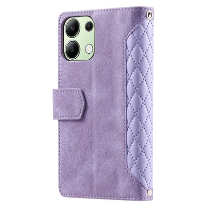 For Xiaomi Redmi Note 13 4G Wallet Case Leather Rhombus Texture Zipper Phone Cover with Wrist Strap