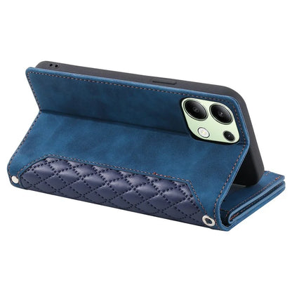 For Xiaomi Redmi Note 13 4G Wallet Case Leather Rhombus Texture Zipper Phone Cover with Wrist Strap