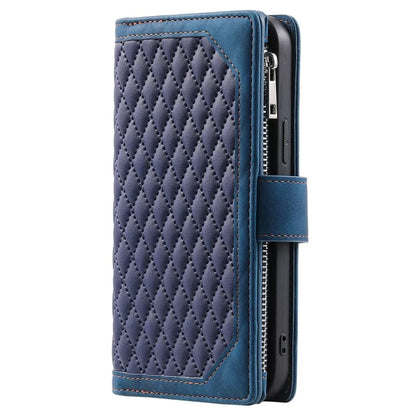 For Xiaomi Redmi Note 13 4G Wallet Case Leather Rhombus Texture Zipper Phone Cover with Wrist Strap