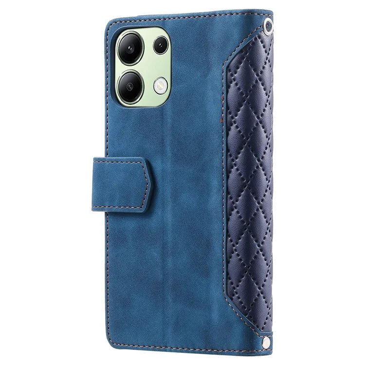 For Xiaomi Redmi Note 13 4G Wallet Case Leather Rhombus Texture Zipper Phone Cover with Wrist Strap