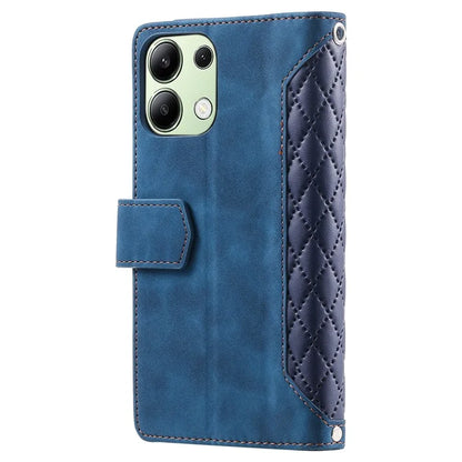 For Xiaomi Redmi Note 13 4G Wallet Case Leather Rhombus Texture Zipper Phone Cover with Wrist Strap