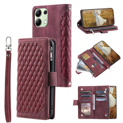 For Xiaomi Redmi Note 13 4G Wallet Case Leather Rhombus Texture Zipper Phone Cover with Wrist Strap