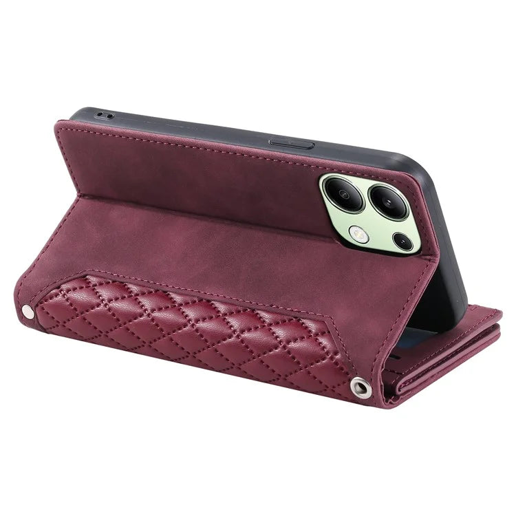 For Xiaomi Redmi Note 13 4G Wallet Case Leather Rhombus Texture Zipper Phone Cover with Wrist Strap