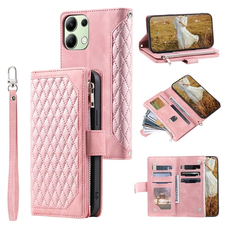 For Xiaomi Redmi Note 13 4G Wallet Case Leather Rhombus Texture Zipper Phone Cover with Wrist Strap