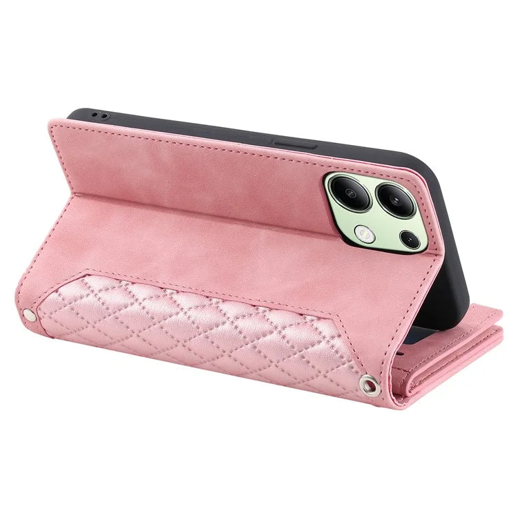 For Xiaomi Redmi Note 13 4G Wallet Case Leather Rhombus Texture Zipper Phone Cover with Wrist Strap