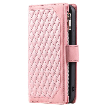 For Xiaomi Redmi Note 13 4G Wallet Case Leather Rhombus Texture Zipper Phone Cover with Wrist Strap