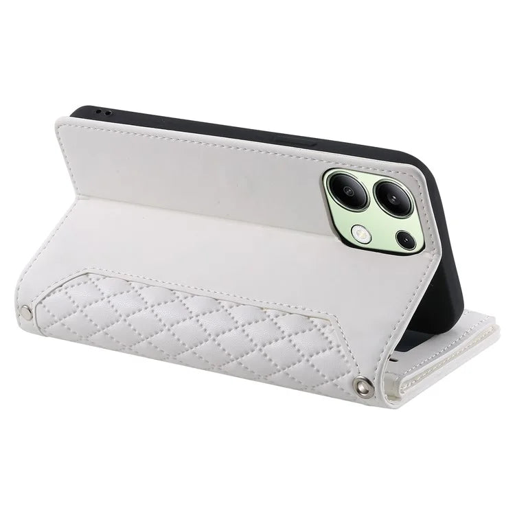 For Xiaomi Redmi Note 13 4G Wallet Case Leather Rhombus Texture Zipper Phone Cover with Wrist Strap