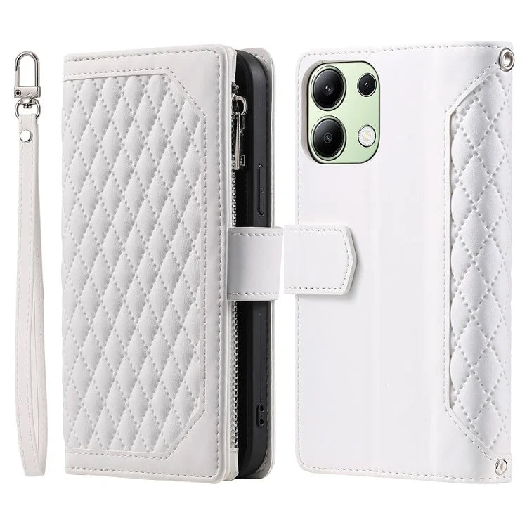 For Xiaomi Redmi Note 13 4G Wallet Case Leather Rhombus Texture Zipper Phone Cover with Wrist Strap