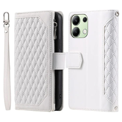 For Xiaomi Redmi Note 13 4G Wallet Case Leather Rhombus Texture Zipper Phone Cover with Wrist Strap