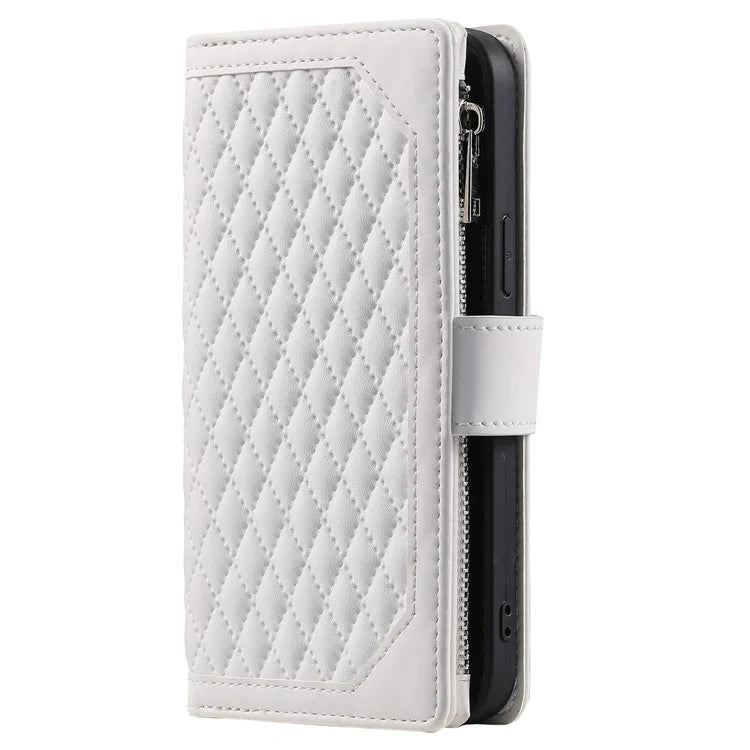For Xiaomi Redmi Note 13 4G Wallet Case Leather Rhombus Texture Zipper Phone Cover with Wrist Strap