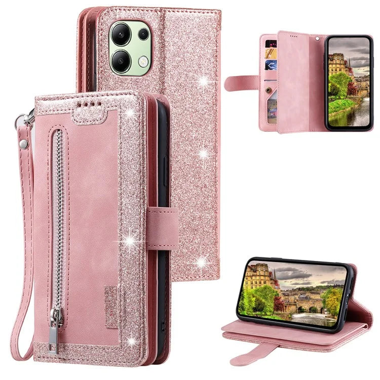 For Xiaomi Redmi Note 13 4G Case Leather Zipper Pocket Phone Cover with 9 Card Slots
