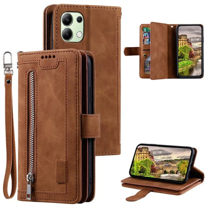 For Xiaomi Redmi Note 13 4G Case Leather Zipper Pocket Phone Cover with 9 Card Slots