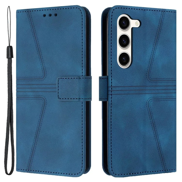 For Samsung Galaxy S23+ Leather Case Triangle Imprinted Solid Color Phone Cover